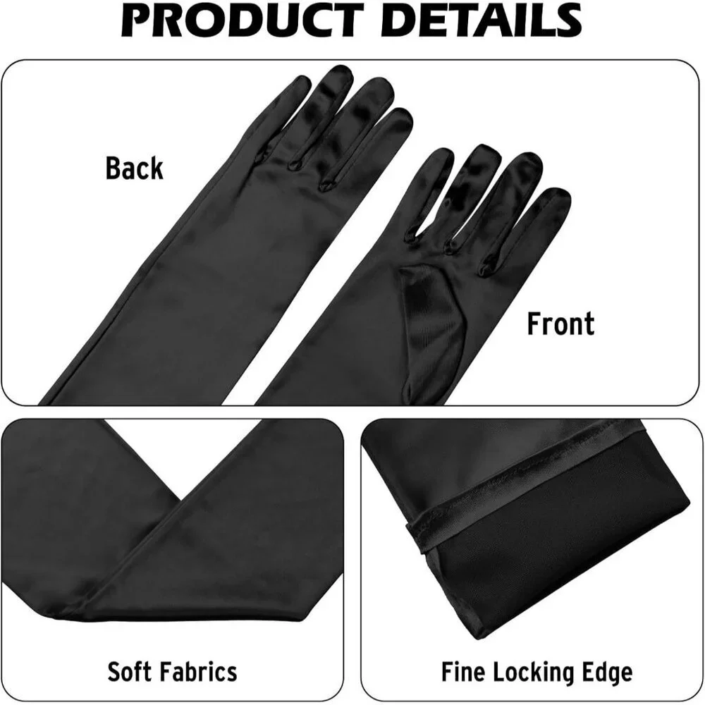Women's Black Long Satin Opera Fabric Gloves Party Tea Stretchy Elbow Length